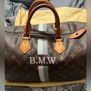 Louis Vuitton Brown Monogram Speedy 40 custom grey & white bmw with stripes